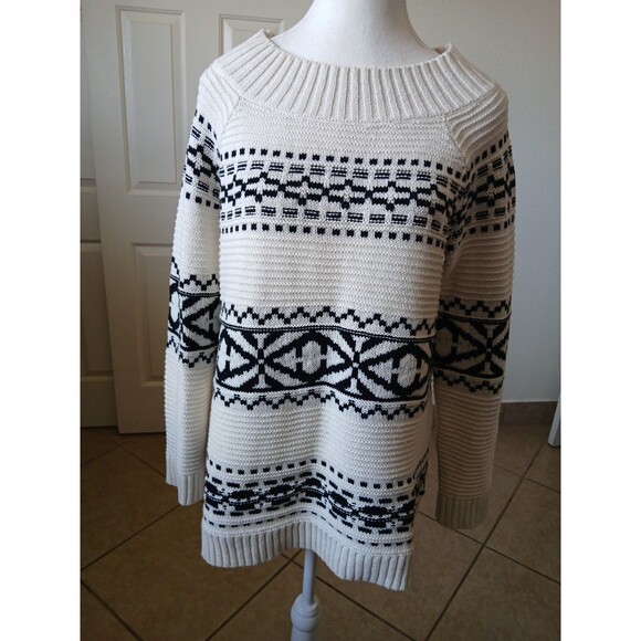 Ralph Lauren Chaps Sweaters - Ralph Lauren Chaps Womens Medium Black Ivory Nordic Stripe Pullover Knit Sweater